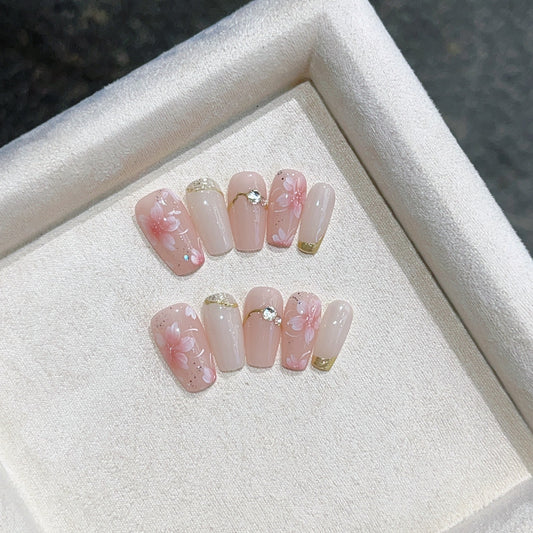 Blossom Handmade Press-On Nails | Medium Coffen |  Removable and Reusable | Free Tool Kit Included