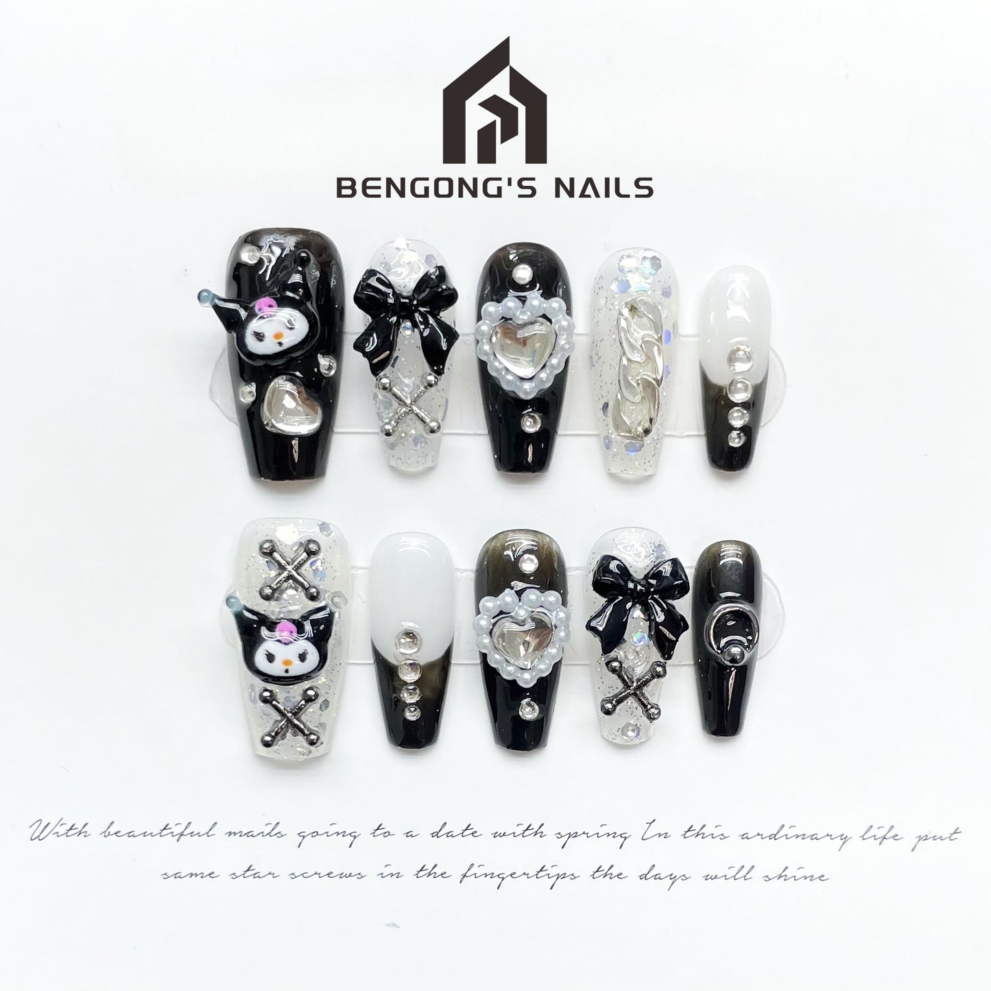 Medium Coffin Cool Dark Kuromi Handmade Press-On Nails | Removable & Reusable | Free Tool Kit Included