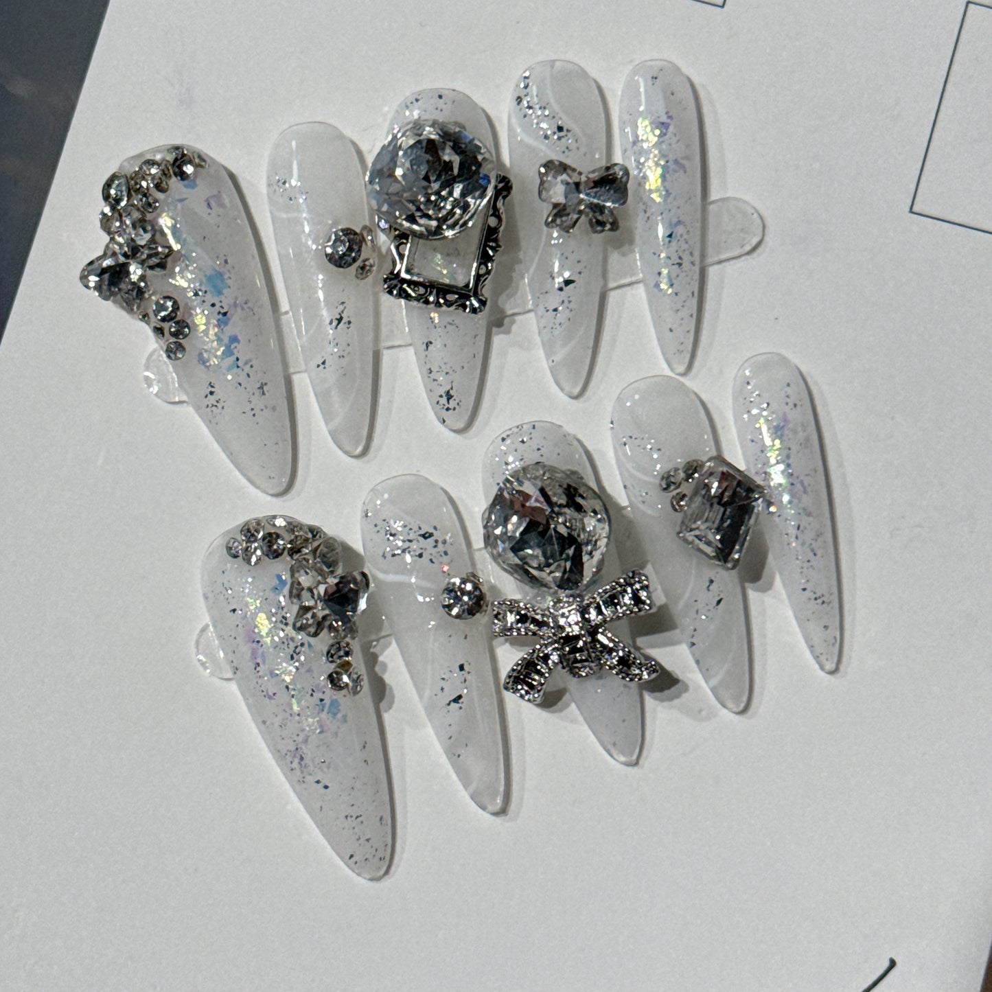Translucent White Ultra-Sparkling Ribbon Handcrafted Press On Nails | Detachable, Reusable|Free Tool Kit Set Included