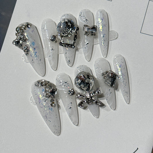 Translucent White Ultra-Sparkling Ribbon Handcrafted Press On Nails | Detachable, Reusable|Free Tool Kit Set Included