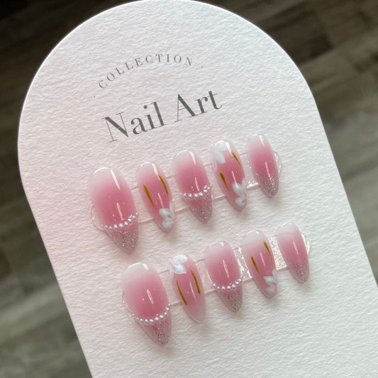 Gentle Press On Nails in Peach Hue | Gradient Blush and Silver Powder with Pearl Accents | Handmade Nails with Hand-Painted Camellia|Free Tool Kit Set Included