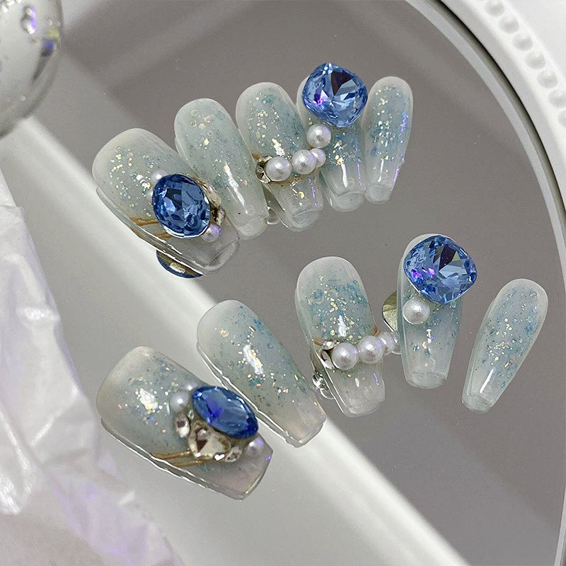 Clear Blue Diamonds & Pearls Combination | Gentle Yet Imposing Handmade Press On Nails|Free Tool Kit Set Included