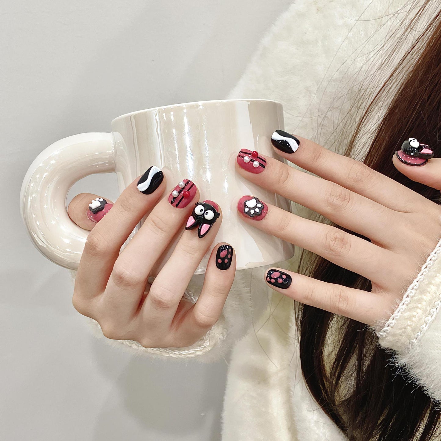 Cute Rooster Eye Cat Claw Press On Nails|Short Cartoon Sweet Cool Handmade Nails|Free Tool Kit Set Included