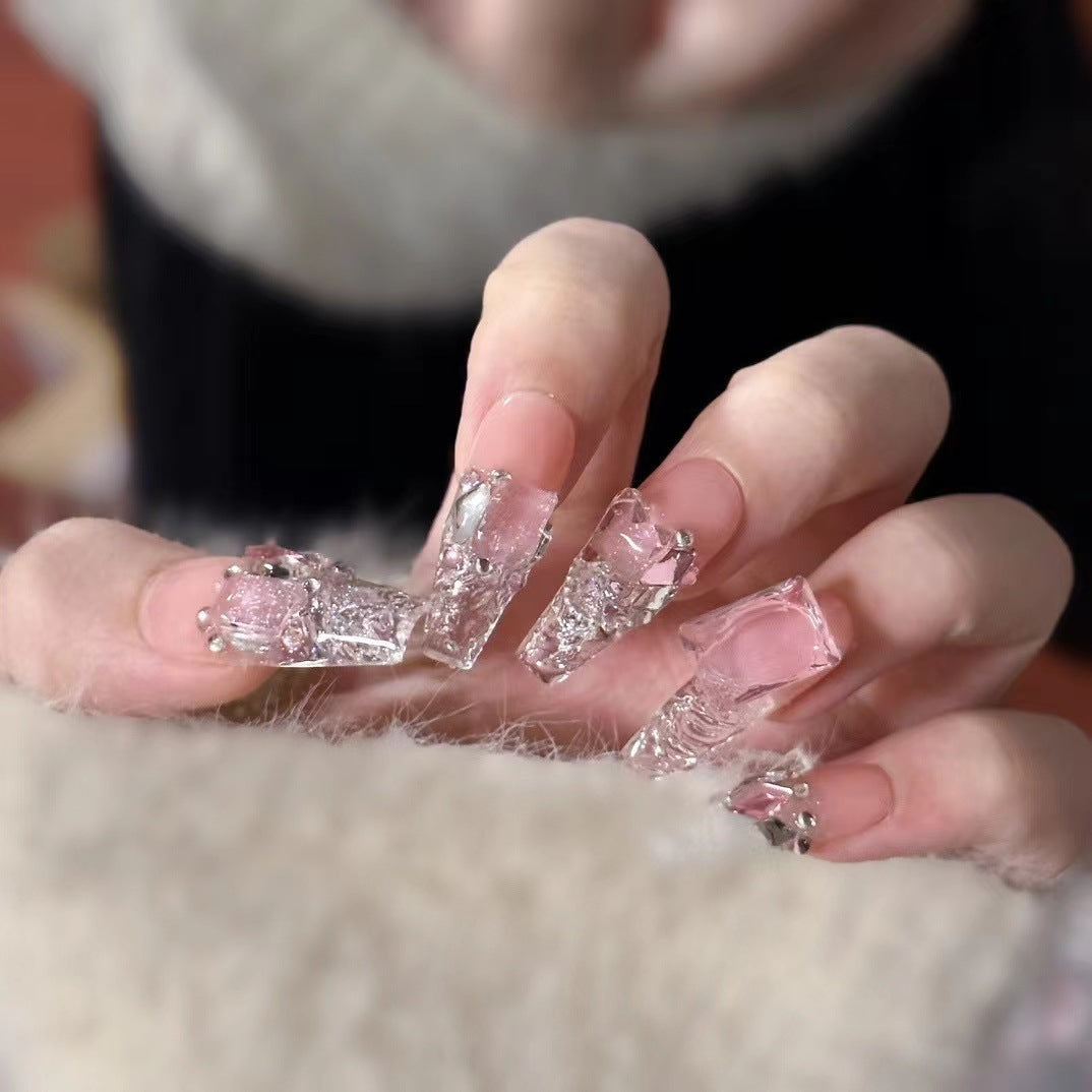 Ice-clear Pink Diamond Press On Nails | Handmade Nails with Wavy French Style|Free Tool Kit Set Included