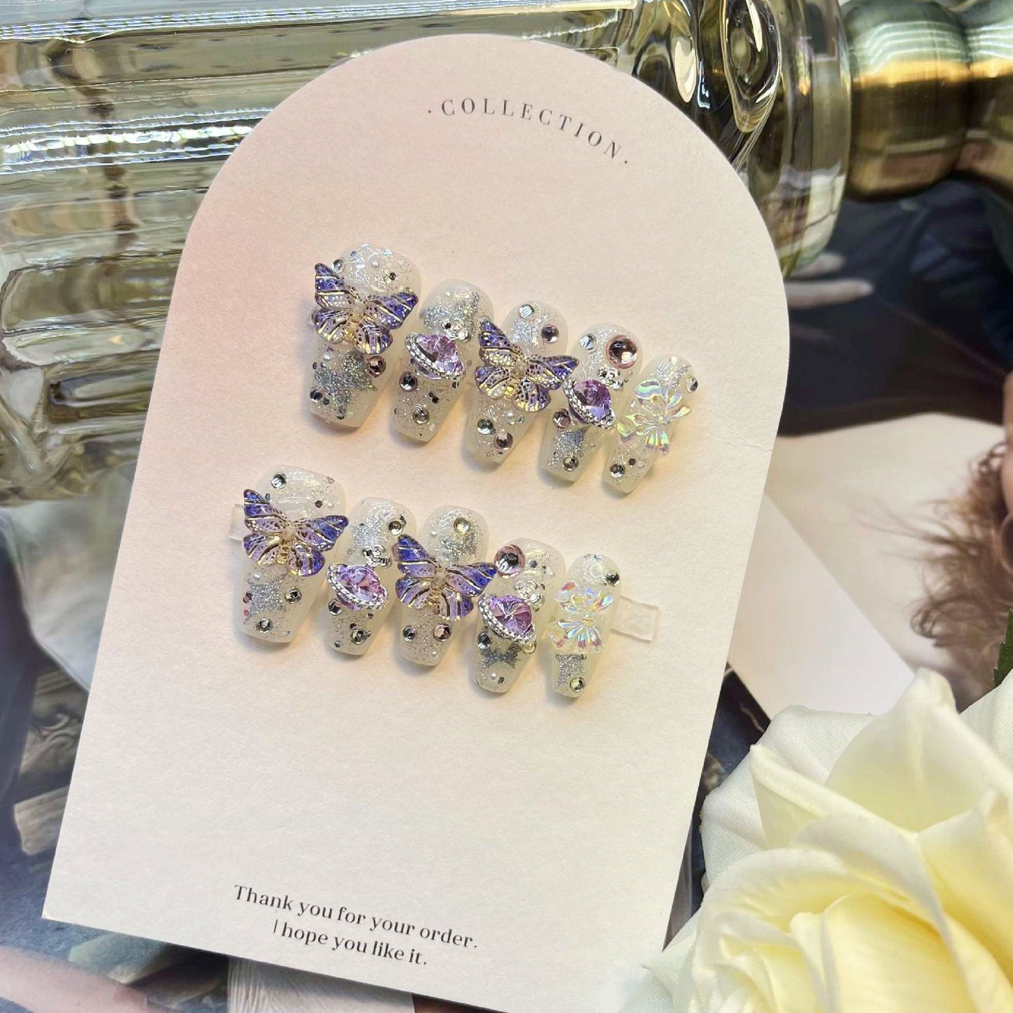 Three-Color Coffin Dreamy Butterfly & Planet Handmade Press-On Nails| 3D Butterfly Aurora Planet Handmade Nails|Free Tool Kit Set Included