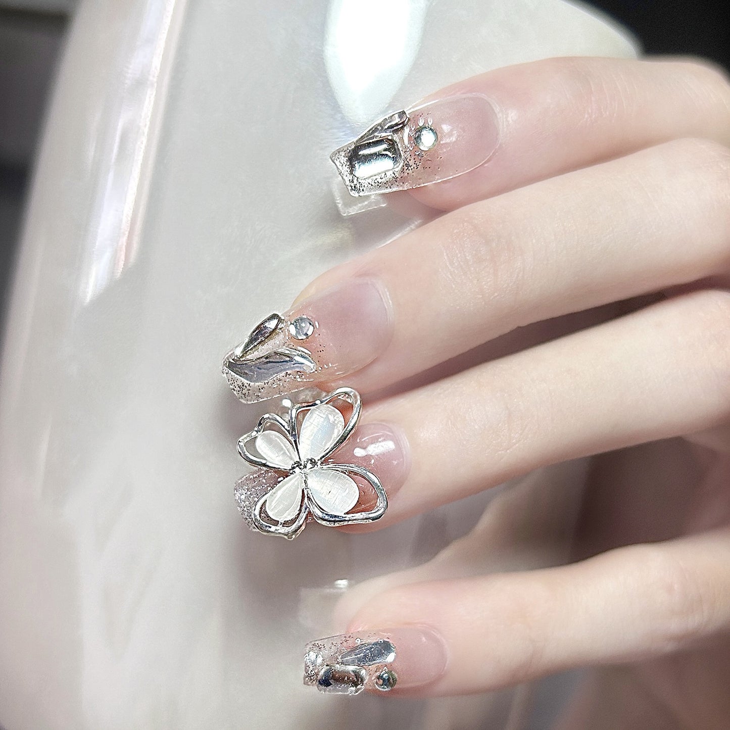 2 Shapes Nude Frech Tip Butterfly Sparkle Handmade Press On Nails | Detachable and Reusable| Free Tool Kit Set Included