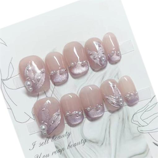 Ultra-Short Coffin Light Purple French Cat Eye Hand-Painted Mermaid Press-On Nails | Removable and Reusable | Free Tool Kit Included