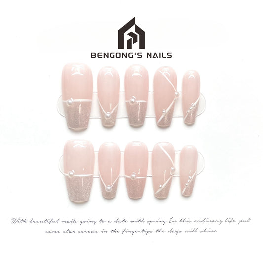 Minimalist lines French light pink nude handmade press-on nails | Detachable and reusable | Free toolkit included