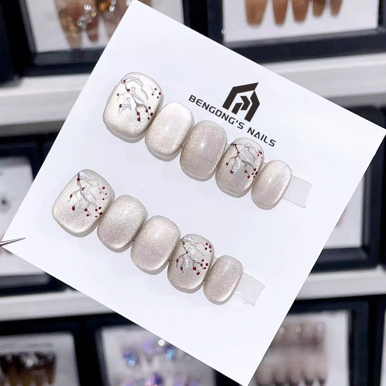 Ultra-Short Oval Chinese Style Hand-Painted Plum Blossom Gray Cat Eye Handmade Press-On Nails | Removable and Reusable | Free Tool Kit Included