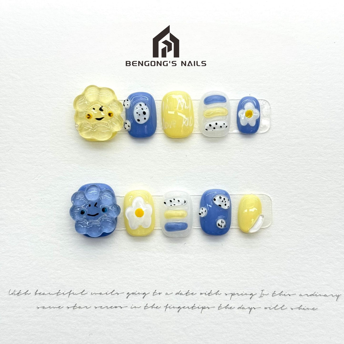 Cute Sunflower Short Press On NAILS | Summer Colors Detachable and Reusable Handmade Nails|Free Tool Kit Set Included