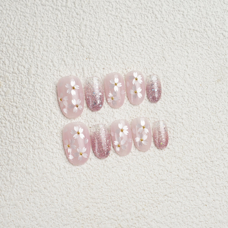 Medium Oval Pink Glitter Gradient & Hand-Painted Pink Cherry Blossoms Handmade Press-On Nails| Removable & Reusable | Free Tool Kit Included