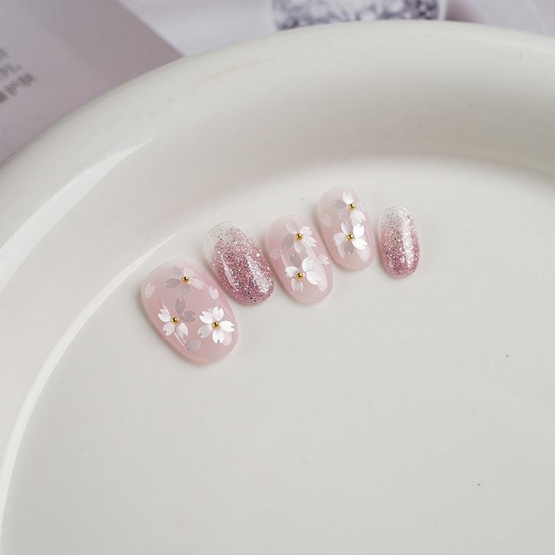 Medium Oval Pink Glitter Gradient & Hand-Painted Pink Cherry Blossoms Handmade Press-On Nails| Removable & Reusable | Free Tool Kit Included