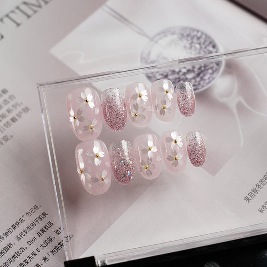 Medium Oval Pink Glitter Gradient & Hand-Painted Pink Cherry Blossoms Handmade Press-On Nails| Removable & Reusable | Free Tool Kit Included