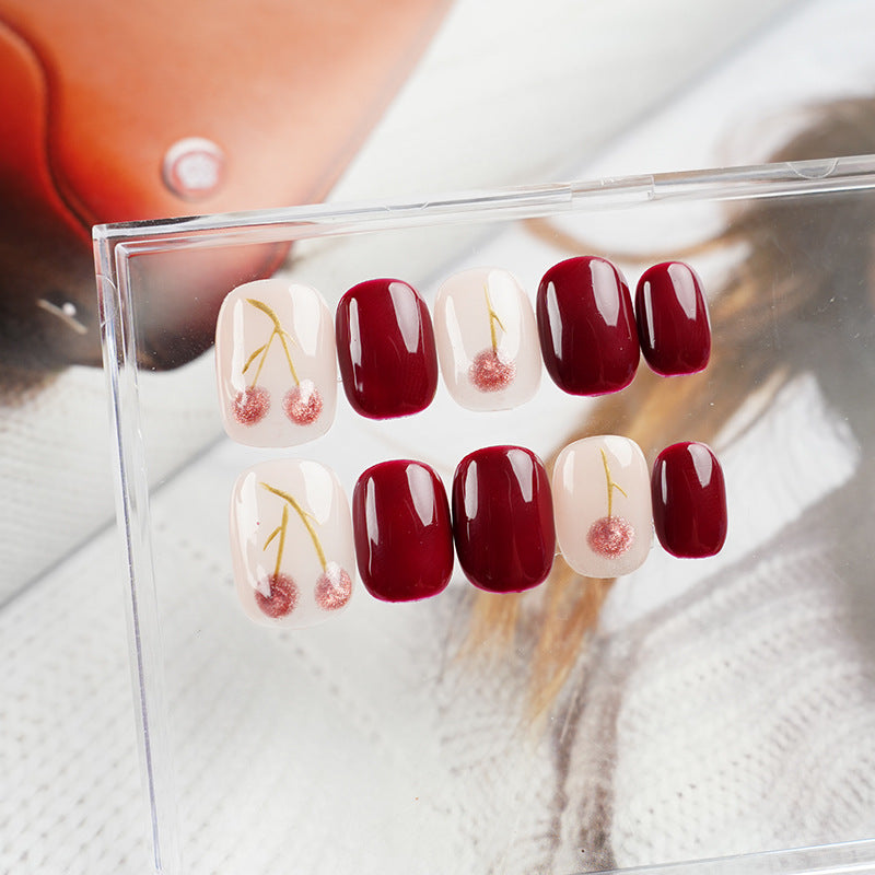 Ultra Short Round Cherry Red & Hand-Painted Cherry Design Handmade Press-On Nails | Removable & Reusable | Free Tool Kit Included