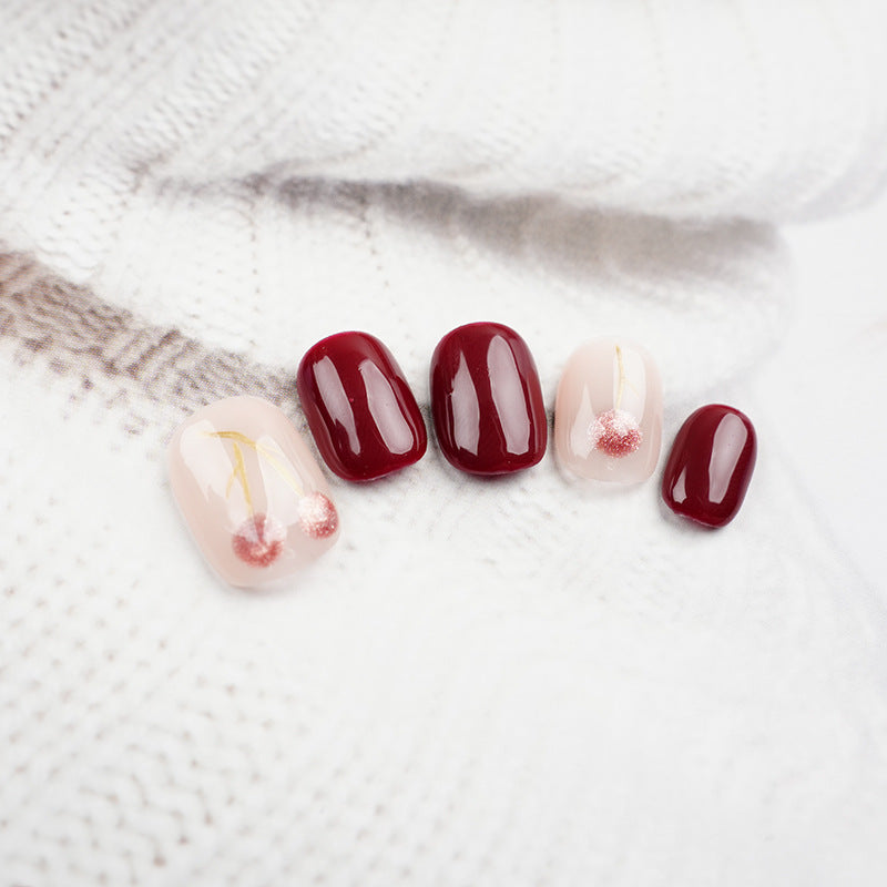 Ultra Short Round Cherry Red & Hand-Painted Cherry Design Handmade Press-On Nails | Removable & Reusable | Free Tool Kit Included