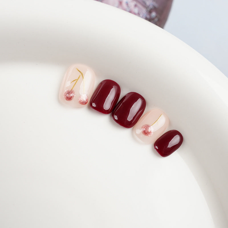 Ultra Short Round Cherry Red & Hand-Painted Cherry Design Handmade Press-On Nails | Removable & Reusable | Free Tool Kit Included