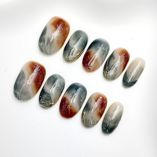 Autumn Smoke | Medium-length Oval |Handmade Press-On Nails | Removable and Reusable | Free Tool Kit Included