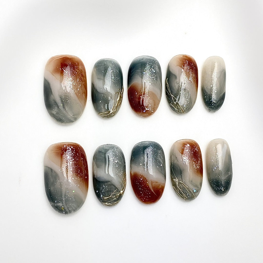 Autumn Smoke | Medium-length Oval |Handmade Press-On Nails | Removable and Reusable | Free Tool Kit Included