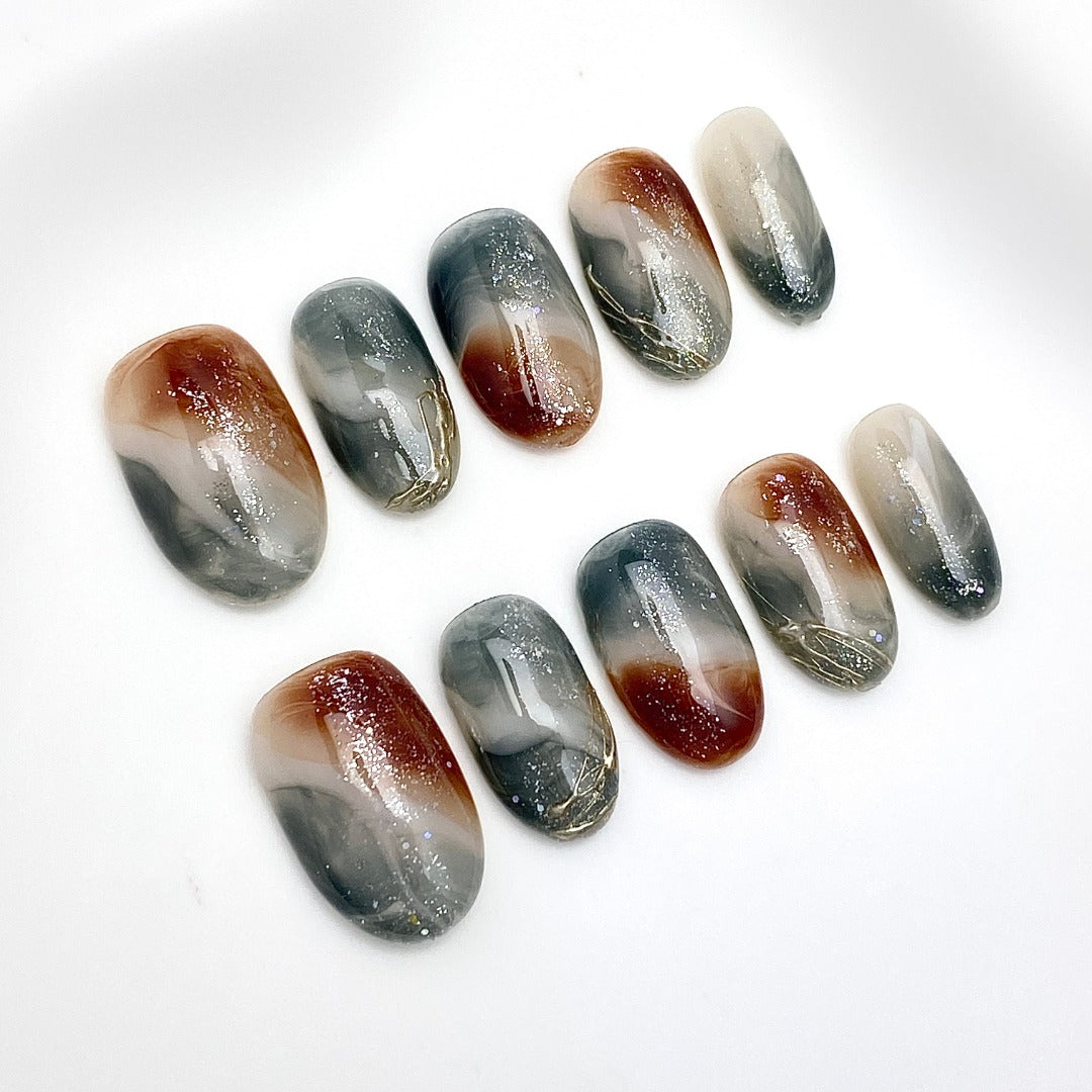Autumn Smoke | Medium-length Oval |Handmade Press-On Nails | Removable and Reusable | Free Tool Kit Included
