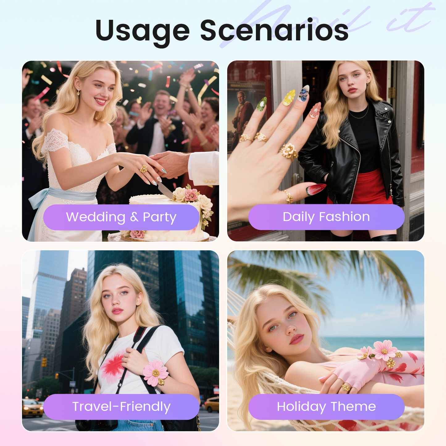 Painted Posies | Ultra-Short Round | Removable and Reusable | Free Tool Kit Included