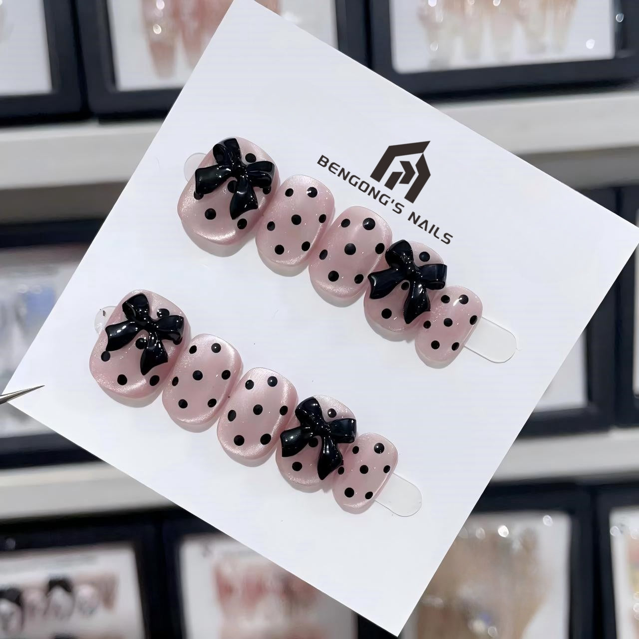 Ultra-Short Oval Purple-Pink Cat Eye Hand-Painted Polka Dots and 3D Bow Handmade Press-On Nails | Removable and Reusable | Free Tool Kit Included