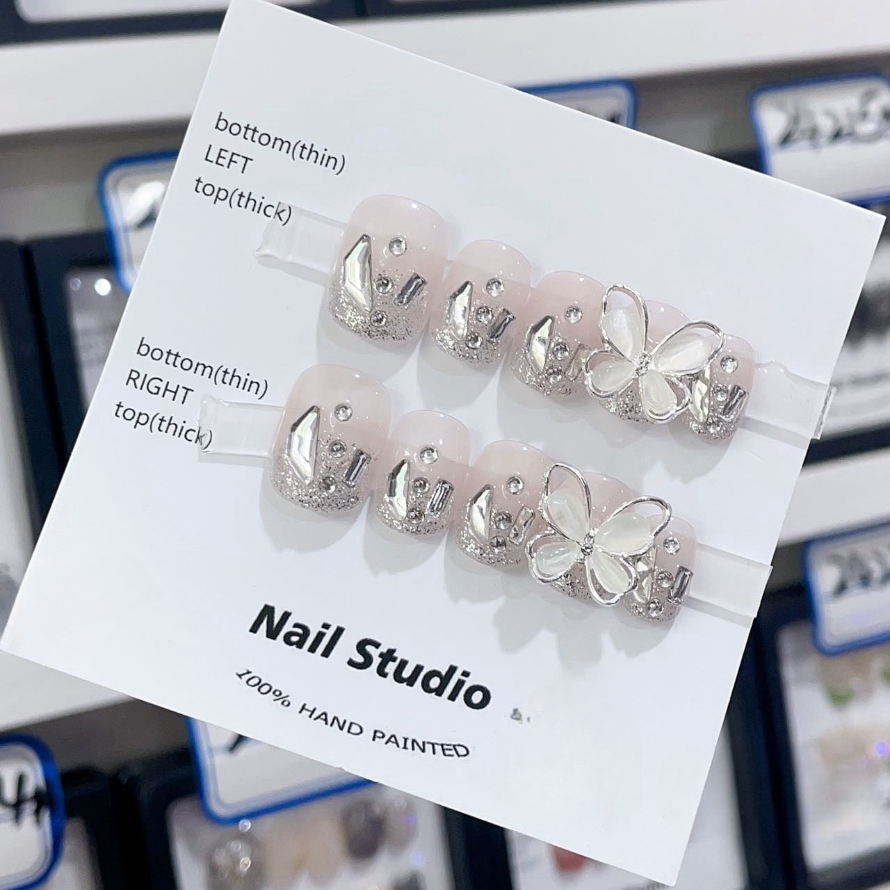 2 Shapes Nude Frech Tip Butterfly Sparkle Handmade Press On Nails | Detachable and Reusable| Free Tool Kit Set Included