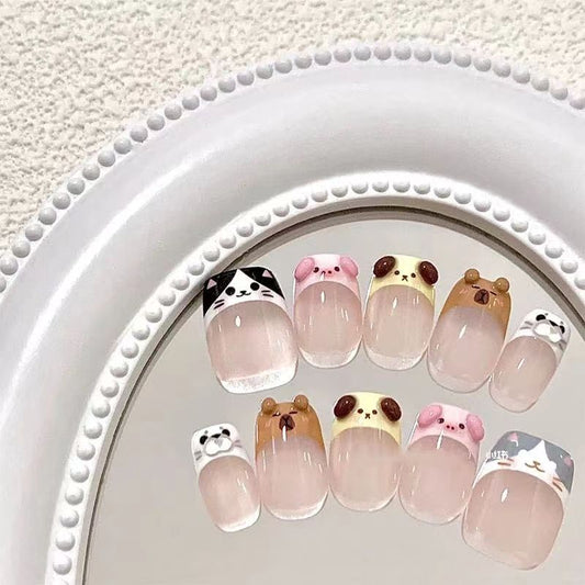 Super Short Square Colorful Cute Animal Series Nude French Tip Press-On Nails | Removable and Reusable | Free Tool Kit Included