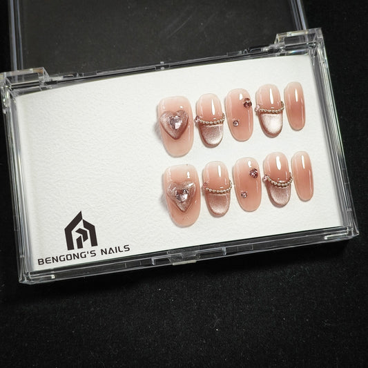 Medium Oval Chocolate Cat Eye with 3D Heart and Fine Chain French Tip Handmade Press-On Nails | Removable and Reusable | Free Tool Kit Included