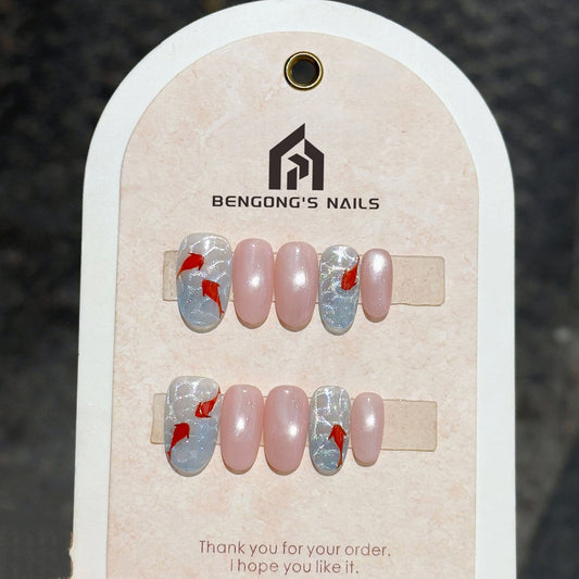 Hand-Painted Koi Fish Cat-Eye Nail Art – Handmade Press-On Nails in Medium Oval Shape | Removable and Reusable | Free Tool Kit Included