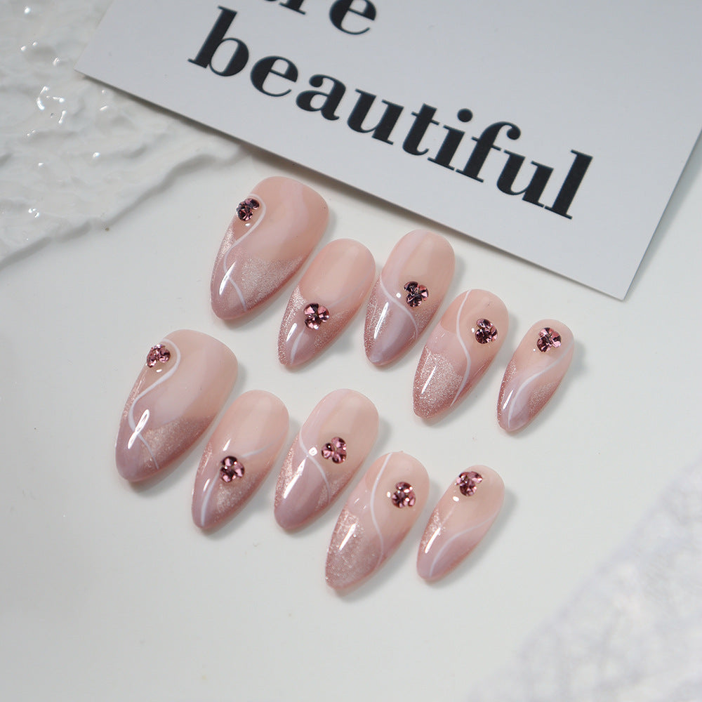 Medium Almond Pink Gradient French Tip & White Lines with Glitter Handmade Press-On Nails | Removable and Reusable | Free Tool Kit Included