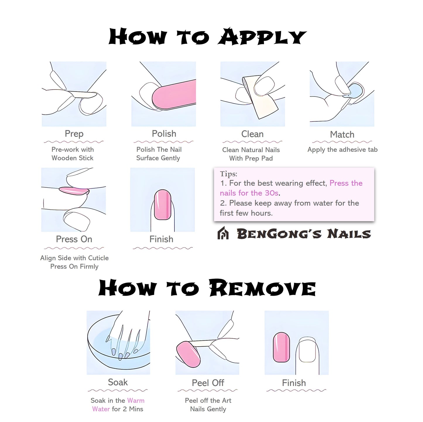 Ice-clear Pink Diamond Press On Nails | Handmade Nails with Wavy French Style|Free Tool Kit Set Included