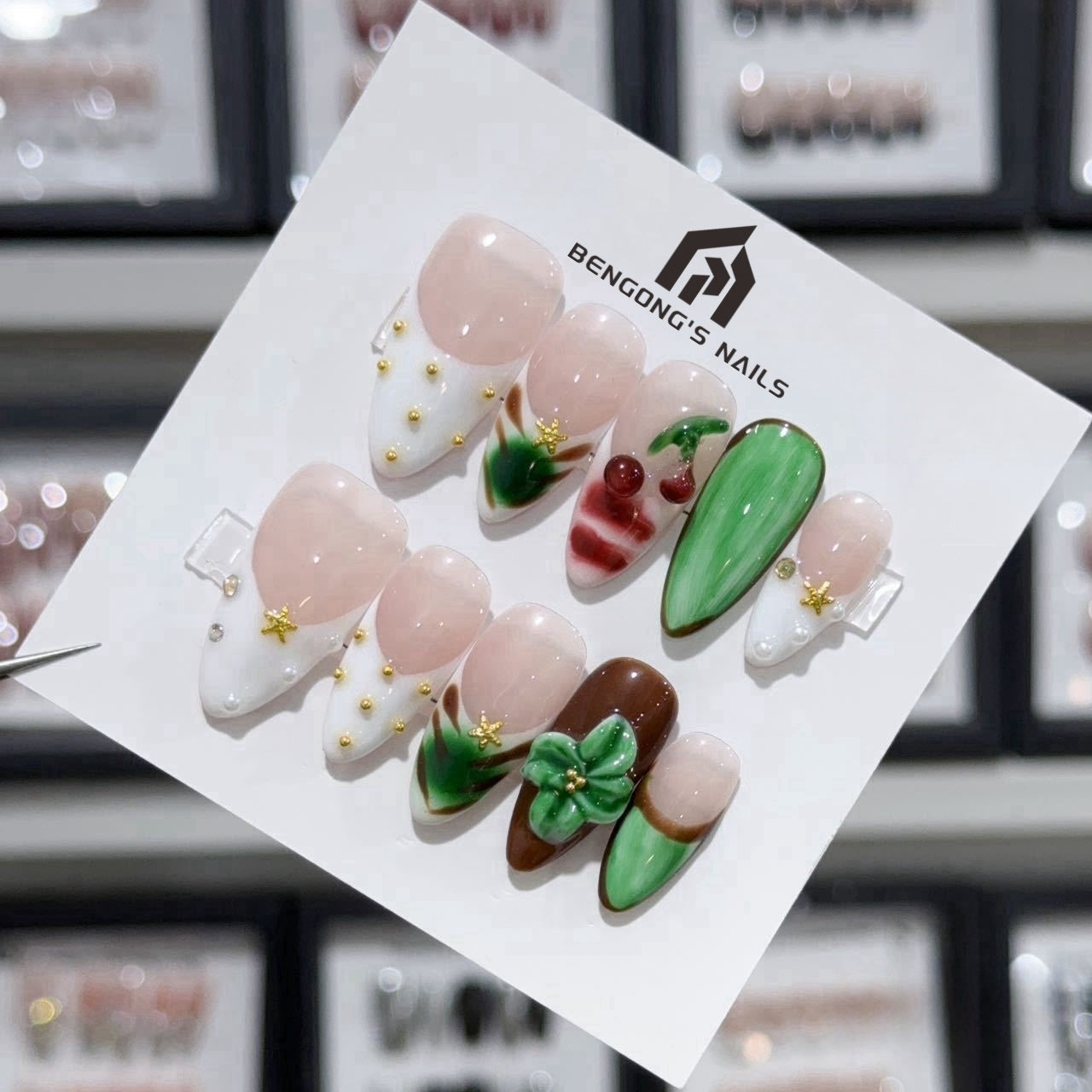 Christmas Green 3D Hand-Carved Floral & Red Cherry Handmade Press-On Nails | Removable & Reusable with Free Tool Kit