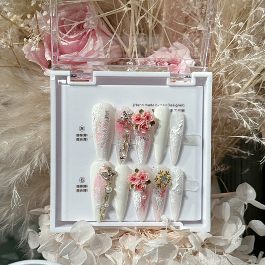 Gorgeous Peach Blossom Nail Art|Embossed Butterfly Almond Nails|Pearl Press On Nails|Free Tool Kit Set Included