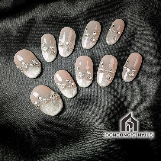 Short Oval White Cat Eye Gradient Handmade Press-On Nails – Handcrafted with Silver Branch Accents | Removable and Reusable | Free Tool Kit Included