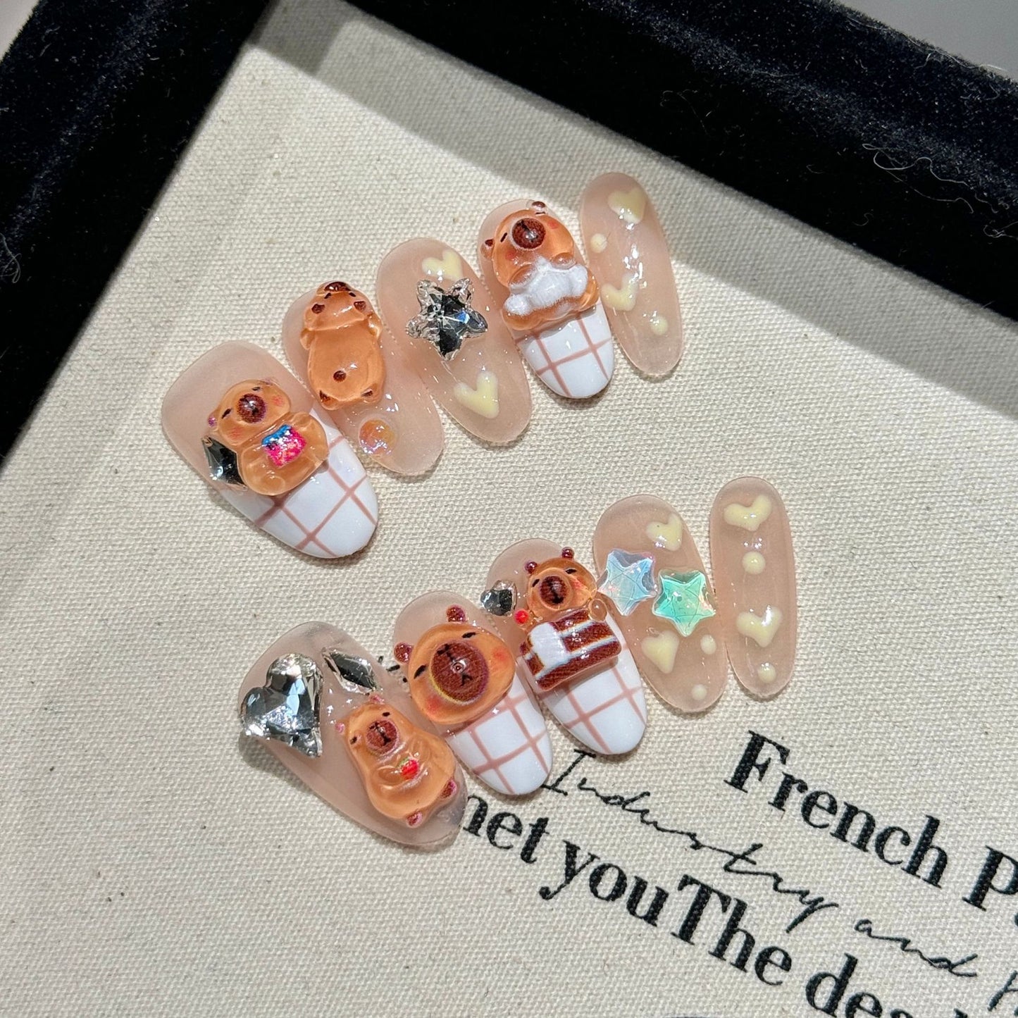 2 Colors Medium Oval Festive Capybara Nails with Hand-Painted & Cat Eye French Design | Handmade Press-On Nails | Removable & Reusable with Free Tool Kit