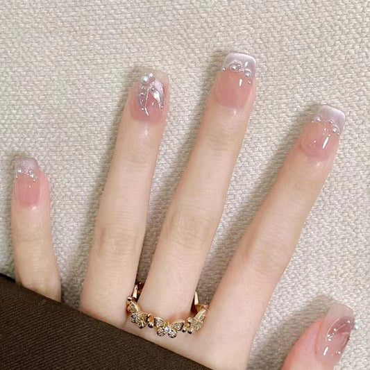 Ultra-Short Coffin Light Purple French Cat Eye Hand-Painted Mermaid Press-On Nails | Removable and Reusable | Free Tool Kit Included