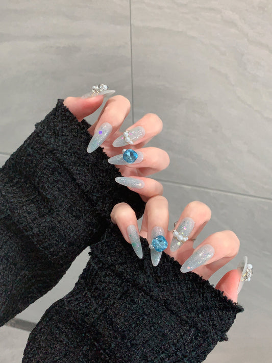 Clear Blue Diamonds & Pearls Combination | Gentle Yet Imposing Handmade Press On Nails|Free Tool Kit Set Included