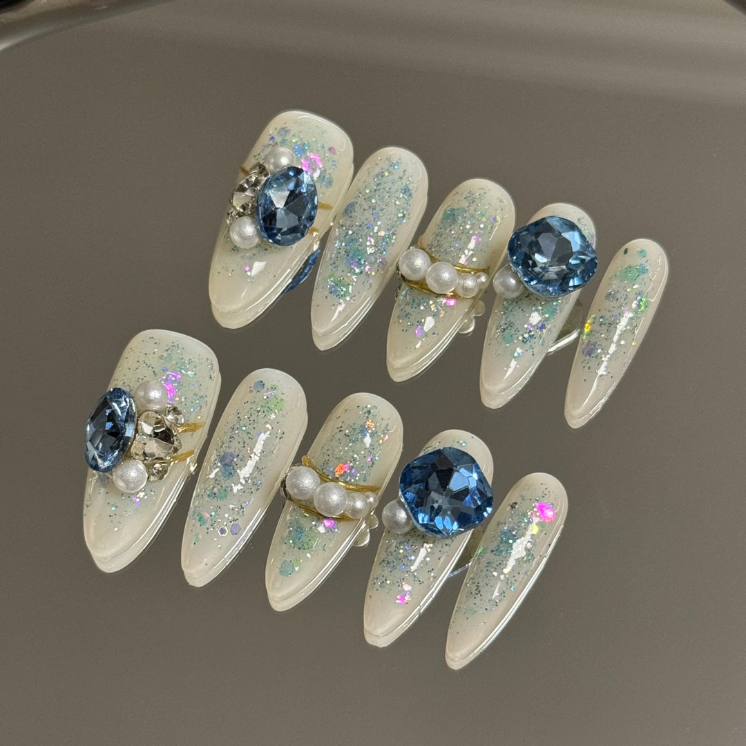 Clear Blue Diamonds & Pearls Combination | Gentle Yet Imposing Handmade Press On Nails|Free Tool Kit Set Included