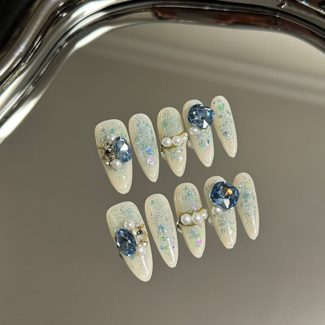 Clear Blue Diamonds & Pearls Combination | Gentle Yet Imposing Handmade Press On Nails|Free Tool Kit Set Included