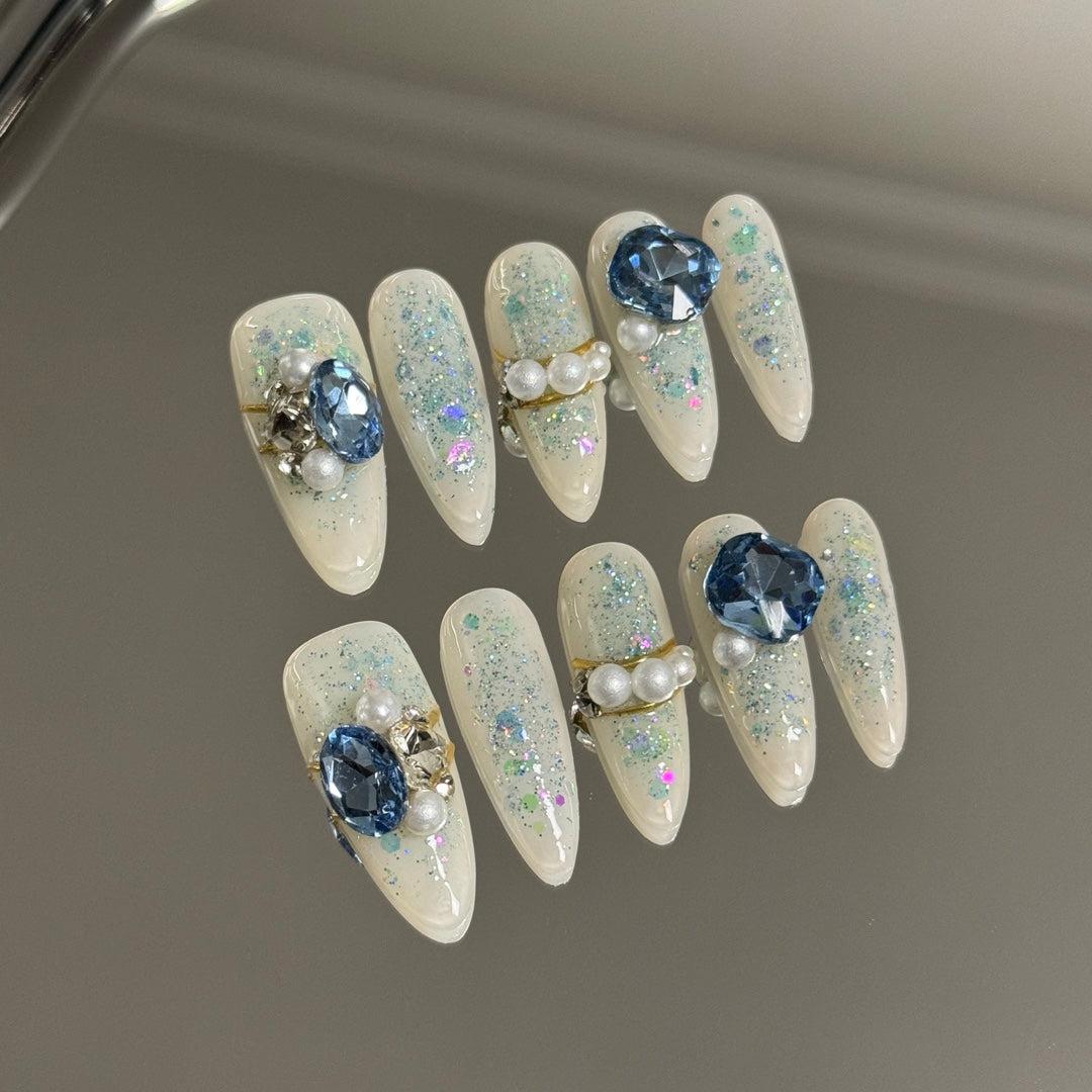 Clear Blue Diamonds & Pearls Combination | Gentle Yet Imposing Handmade Press On Nails|Free Tool Kit Set Included