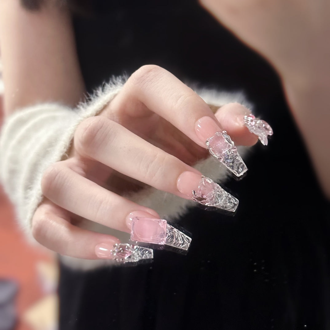 Ice-clear Pink Diamond Press On Nails | Handmade Nails with Wavy French Style|Free Tool Kit Set Included