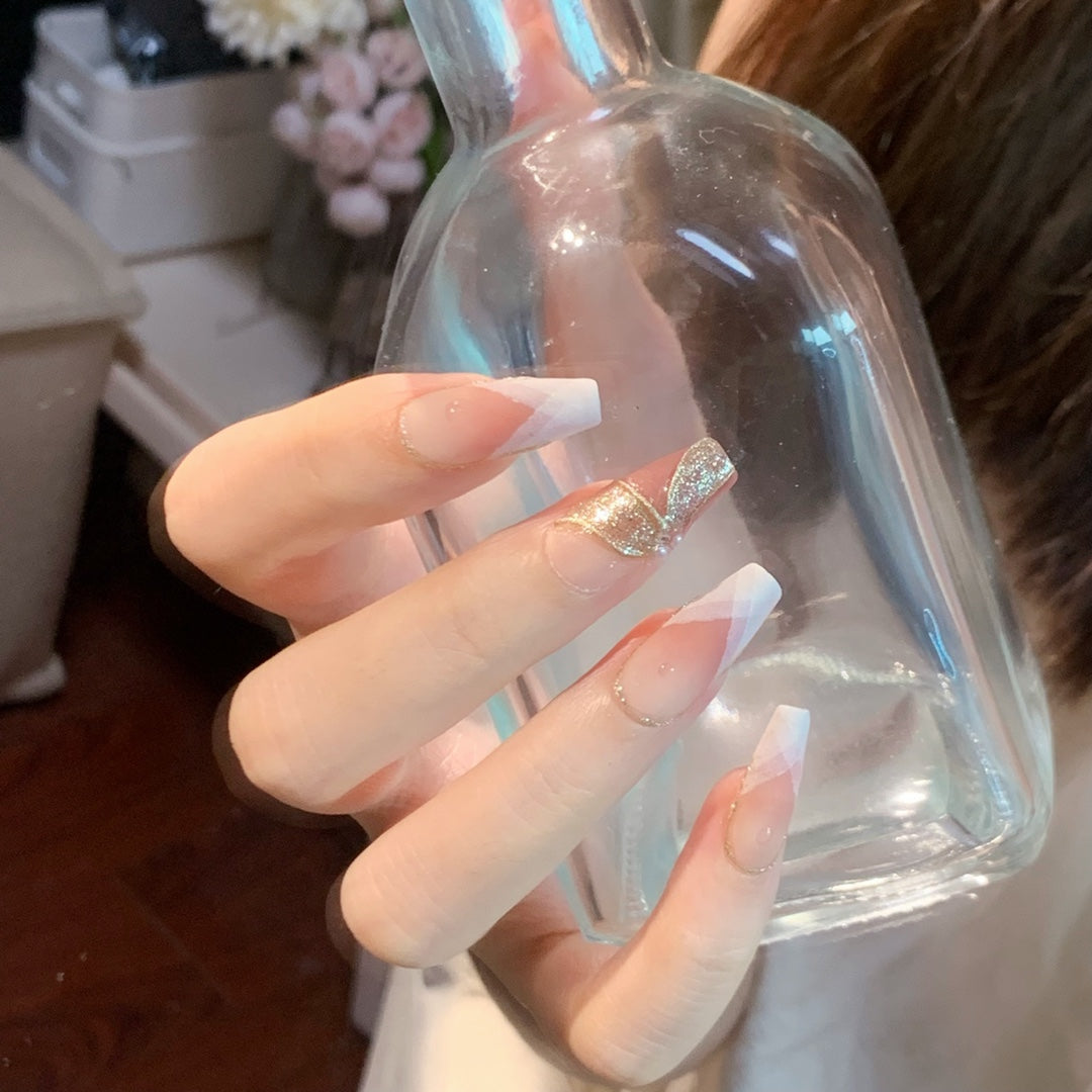 Versatile and Exquisite Press On Nails In Ins-Style | Handmade Nails in Pale Pink with 3D Ribbons |French Style with a Touch of Luxury and Elegance|Free Tool Kit Set Included