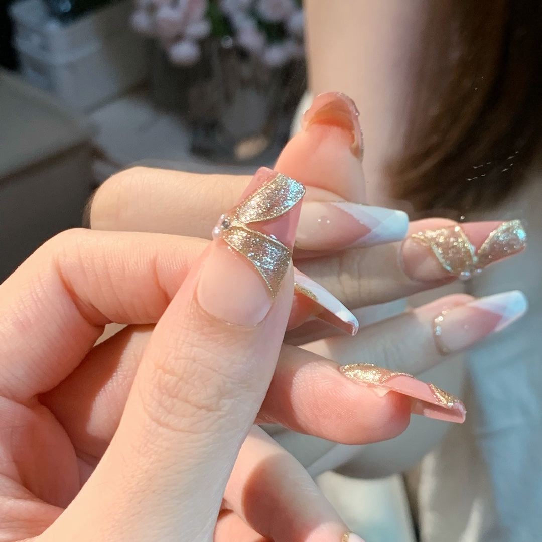 Versatile and Exquisite Press On Nails In Ins-Style | Handmade Nails in Pale Pink with 3D Ribbons |French Style with a Touch of Luxury and Elegance|Free Tool Kit Set Included