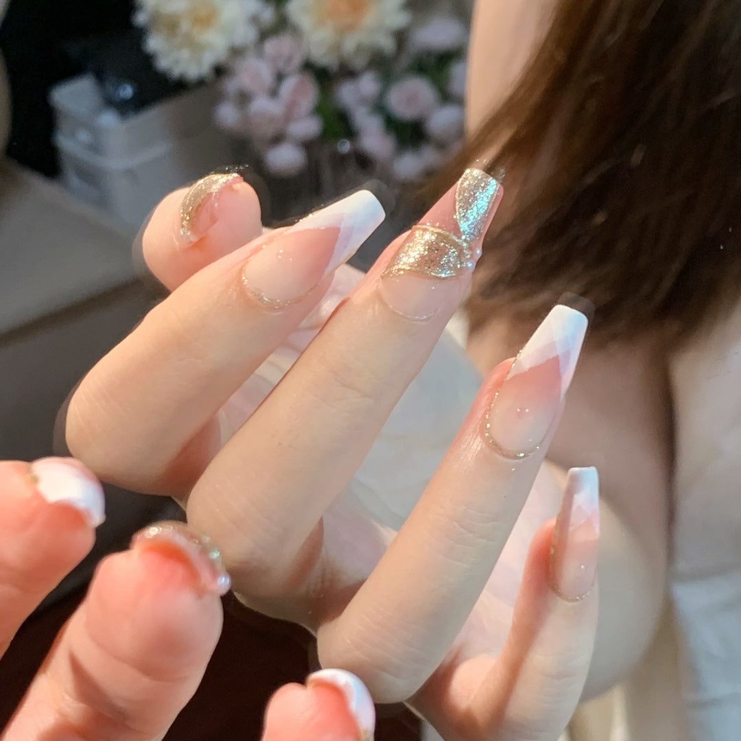 Versatile and Exquisite Press On Nails In Ins-Style | Handmade Nails in Pale Pink with 3D Ribbons |French Style with a Touch of Luxury and Elegance|Free Tool Kit Set Included
