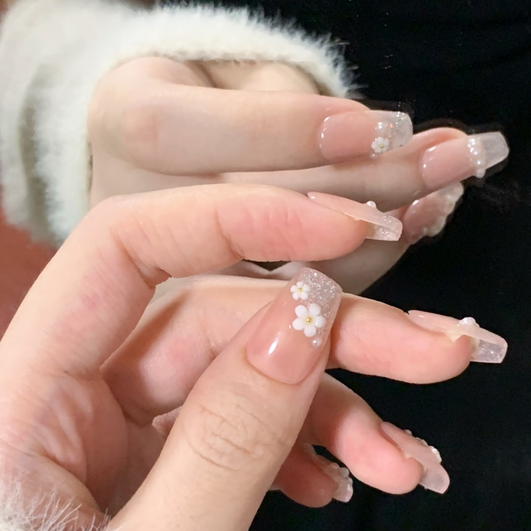 Medium Coffin Elegant White Embossed Floral Handmade Press On Nails | Removable & Reusable |Free Tool Kit Set Included