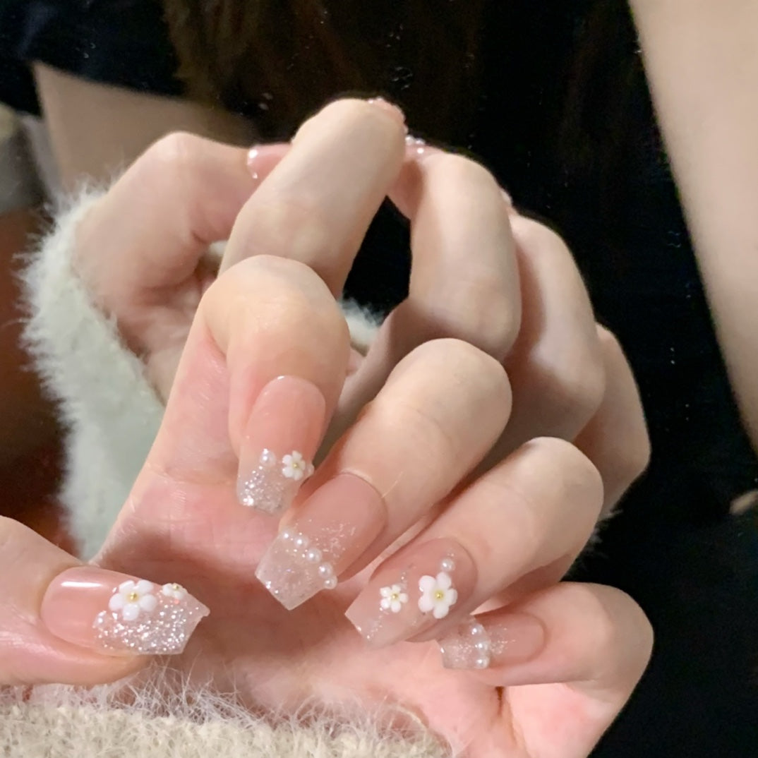 Medium Coffin Elegant White Embossed Floral Handmade Press On Nails | Removable & Reusable |Free Tool Kit Set Included