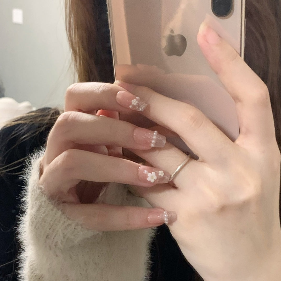 Medium Coffin Elegant White Embossed Floral Handmade Press On Nails | Removable & Reusable |Free Tool Kit Set Included