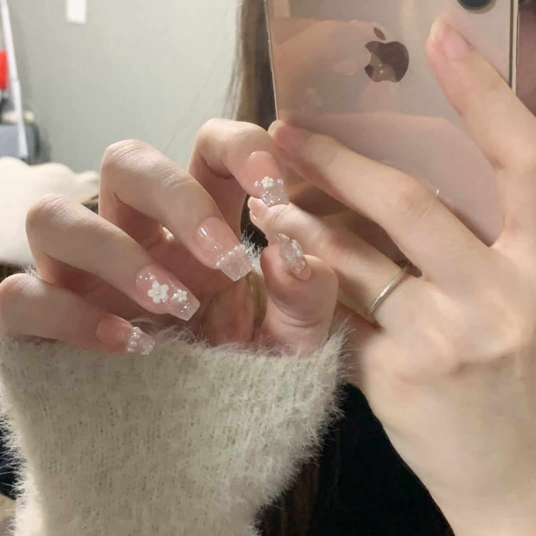 Medium Coffin Elegant White Embossed Floral Handmade Press On Nails | Removable & Reusable |Free Tool Kit Set Included