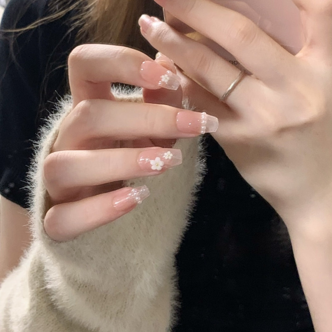 Medium Coffin Elegant White Embossed Floral Handmade Press On Nails | Removable & Reusable |Free Tool Kit Set Included