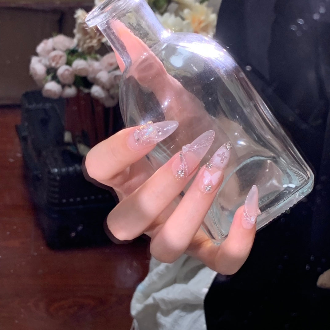 Long Almond Gentle Floating Butterfly Handmade Press On Nails | Removable and Reusable | Free Tool Kit Included